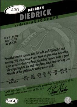 2003 SAGE HIT - Autographs Emerald #A30 Dahrran Diedrick Back