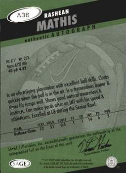 2003 SAGE HIT - Autographs Emerald #A36 Rashean Mathis Back