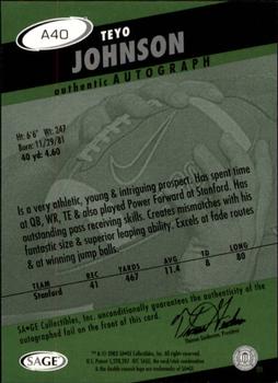 2003 SAGE HIT - Autographs Emerald #A40 Teyo Johnson Back
