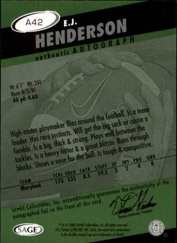 2003 SAGE HIT - Autographs Emerald #A42 E.J. Henderson Back