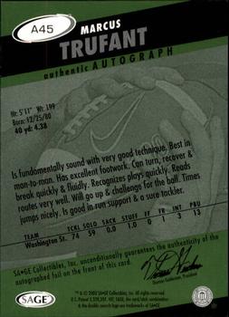 2003 SAGE HIT - Autographs Emerald #A45 Marcus Trufant Back