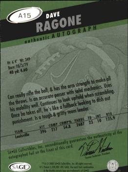 2003 SAGE HIT - Autographs Silver #A15 Dave Ragone Back