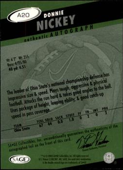 2003 SAGE HIT - Autographs Silver #A20 Donnie Nickey Back