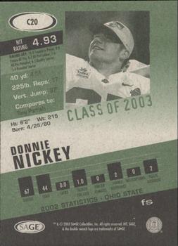 2003 SAGE HIT - Class of 2003 Emerald #C20 Donnie Nickey Back