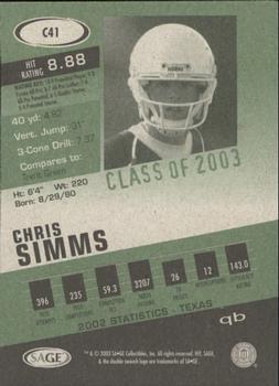 2003 SAGE HIT - Class of 2003 Silver #C41 Chris Simms Back