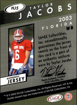 2003 SAGE HIT - Jerseys #HJ5 Taylor Jacobs Back