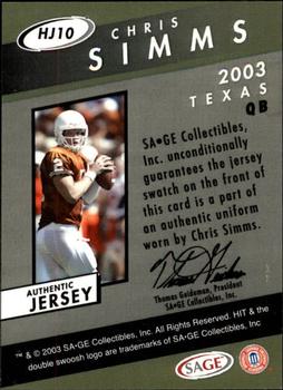 2003 SAGE HIT - Jerseys #HJ10 Chris Simms Back