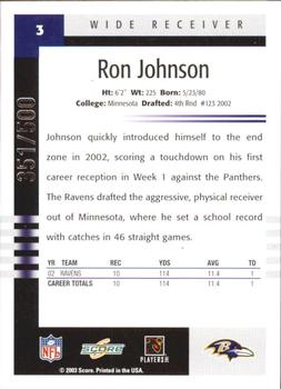 2003 Score - Scorecard #3 Ron Johnson Back