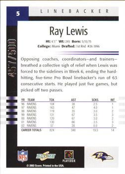 2003 Score - Scorecard #5 Ray Lewis Back