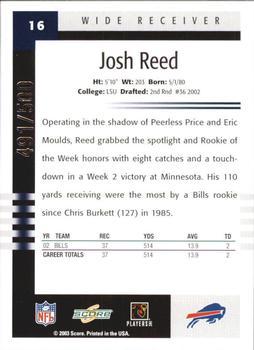 2003 Score - Scorecard #16 Josh Reed Back