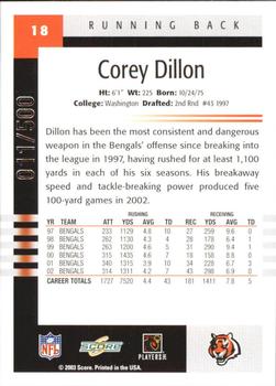 2003 Score - Scorecard #18 Corey Dillon Back