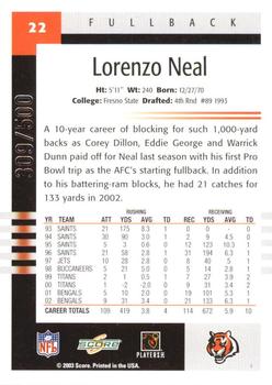 2003 Score - Scorecard #22 Lorenzo Neal Back