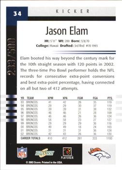 2003 Score - Scorecard #34 Jason Elam Back