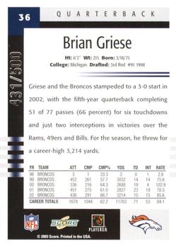 2003 Score - Scorecard #36 Brian Griese Back