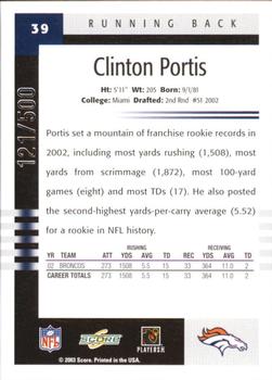 2003 Score - Scorecard #39 Clinton Portis Back