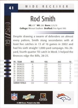 2003 Score - Scorecard #41 Rod Smith Back