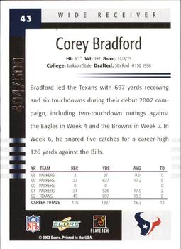 2003 Score - Scorecard #43 Corey Bradford Back