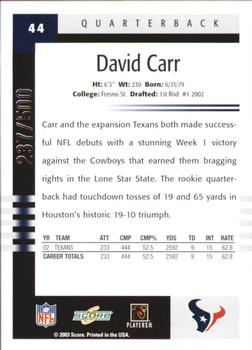 2003 Score - Scorecard #44 David Carr Back
