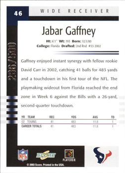 2003 Score - Scorecard #46 Jabar Gaffney Back