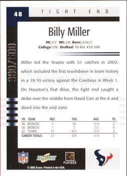 2003 Score - Scorecard #48 Billy Miller Back