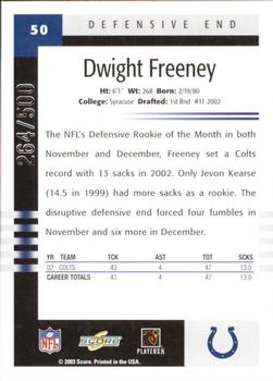 2003 Score - Scorecard #50 Dwight Freeney Back