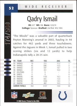 2003 Score - Scorecard #52 Qadry Ismail Back