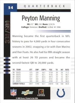 2003 Score - Scorecard #54 Peyton Manning Back