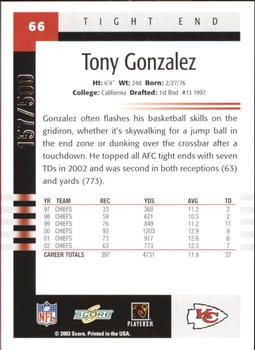 2003 Score - Scorecard #66 Tony Gonzalez Back