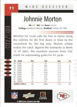 2003 Score - Scorecard #71 Johnnie Morton Back