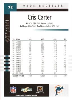 2003 Score - Scorecard #72 Cris Carter Back