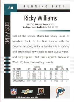 2003 Score - Scorecard #80 Ricky Williams Back