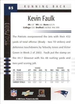 2003 Score - Scorecard #85 Kevin Faulk Back
