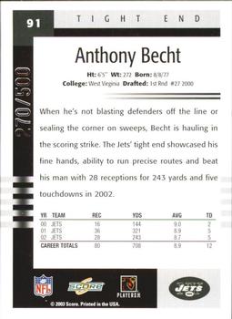 2003 Score - Scorecard #91 Anthony Becht Back