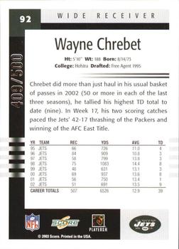 2003 Score - Scorecard #92 Wayne Chrebet Back