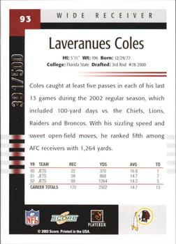 2003 Score - Scorecard #93 Laveranues Coles Back