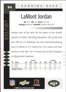 2003 Score - Scorecard #94 LaMont Jordan Back