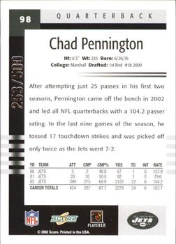 2003 Score - Scorecard #98 Chad Pennington Back