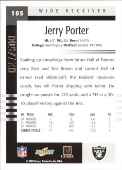 2003 Score - Scorecard #105 Jerry Porter Back