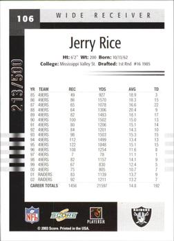 2003 Score - Scorecard #106 Jerry Rice Back