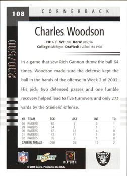 2003 Score - Scorecard #108 Charles Woodson Back