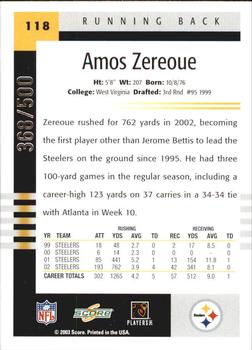 2003 Score - Scorecard #118 Amos Zereoue Back