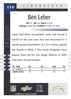 2003 Score - Scorecard #125 Ben Leber Back