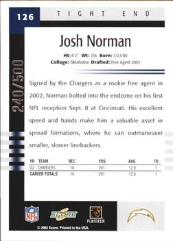 2003 Score - Scorecard #126 Josh Norman TE Back