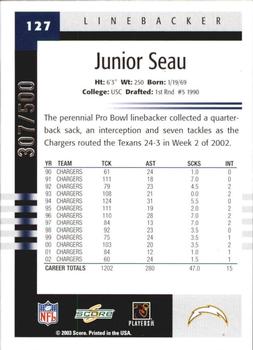 2003 Score - Scorecard #127 Junior Seau Back