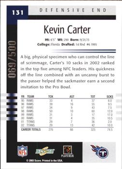 2003 Score - Scorecard #131 Kevin Carter Back