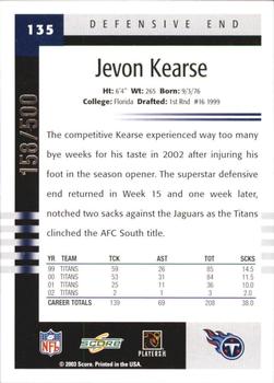 2003 Score - Scorecard #135 Jevon Kearse Back