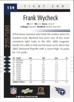 2003 Score - Scorecard #139 Frank Wycheck Back