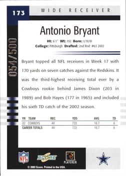 2003 Score - Scorecard #173 Antonio Bryant Back