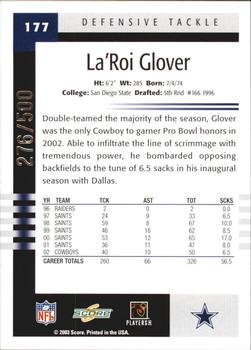 2003 Score - Scorecard #177 La'Roi Glover Back