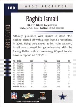 2003 Score - Scorecard #180 Raghib Ismail Back